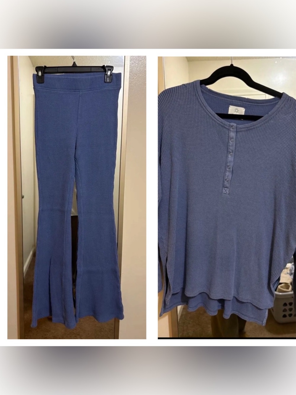 Waffle Knit Flared Lounge Pants & Top Set - Blue